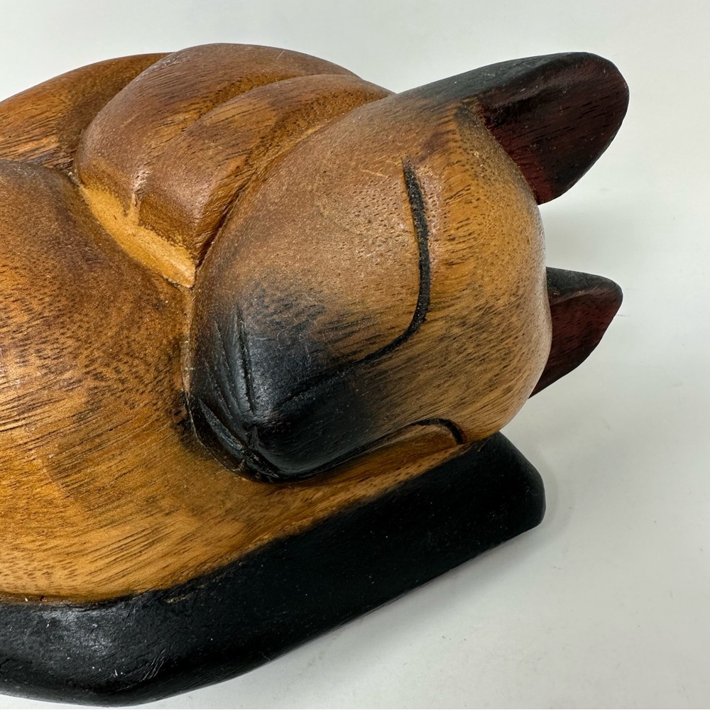 Handcrafted Wooden Sleeping Cat Sculpture Doorstop Siamese Brown Black Heavy - Picture 5 of 11